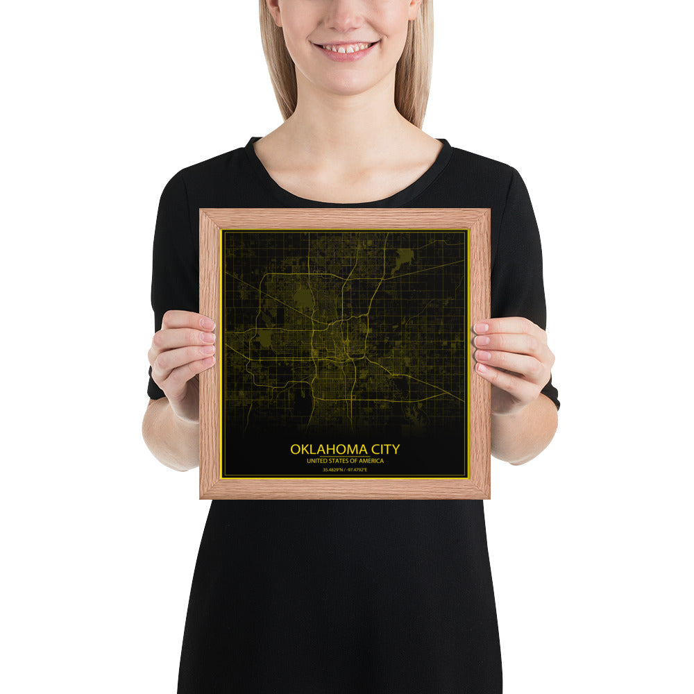 Oklahoma City Black and Yellow Framed Map