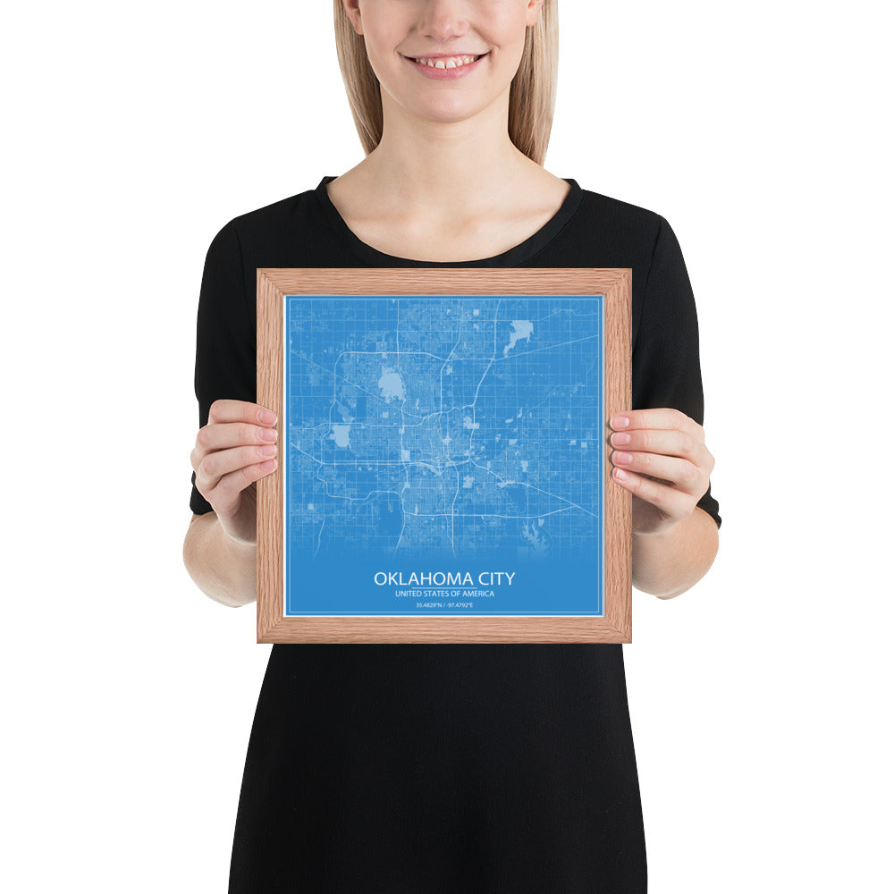 Oklahoma City Blue and White Framed Map