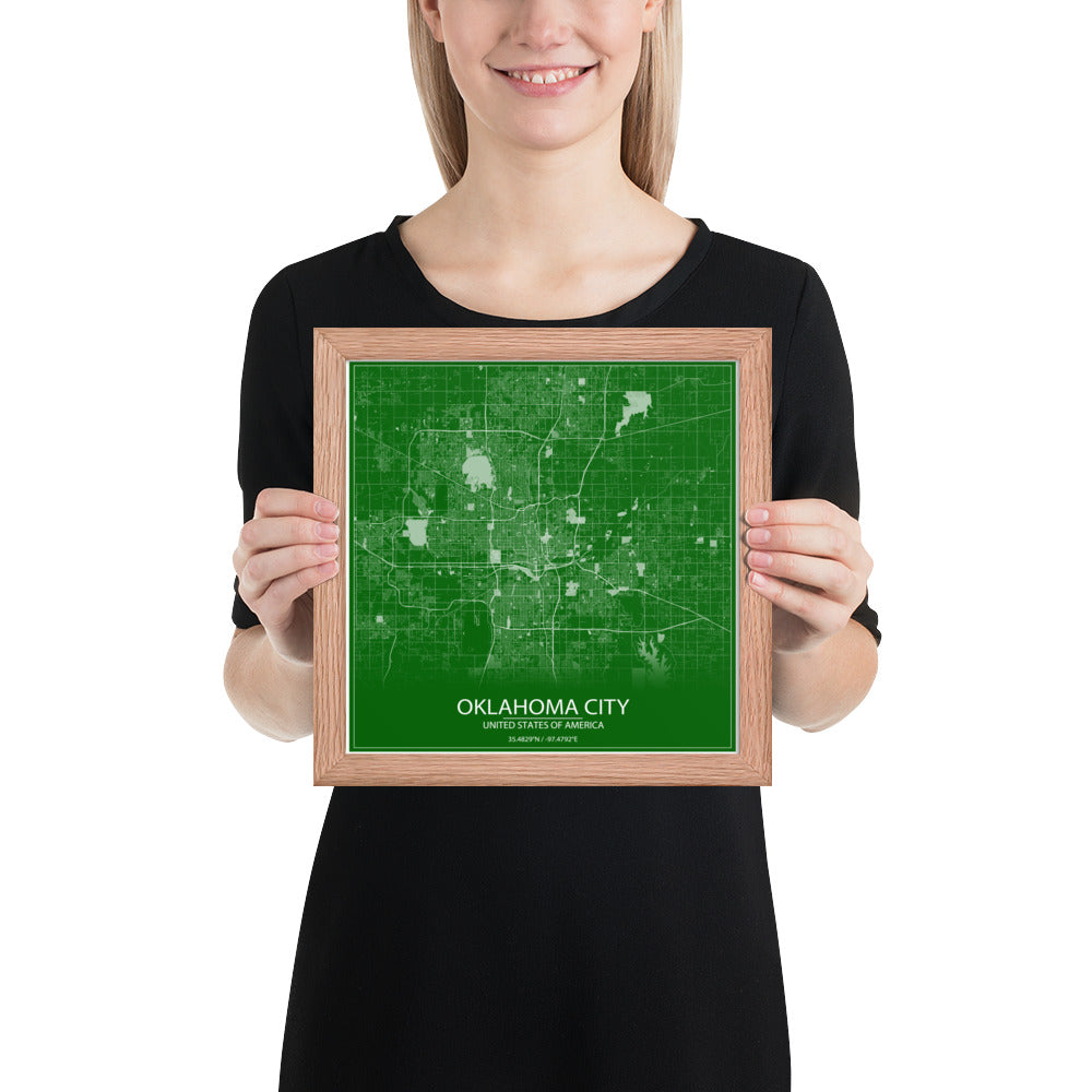 Oklahoma City Green and White Framed Map