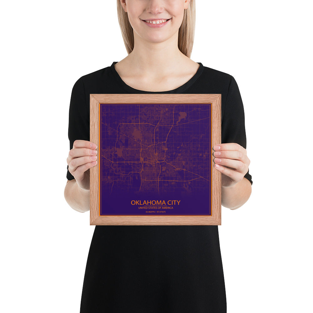 Oklahoma City Purple and Orange Framed Map