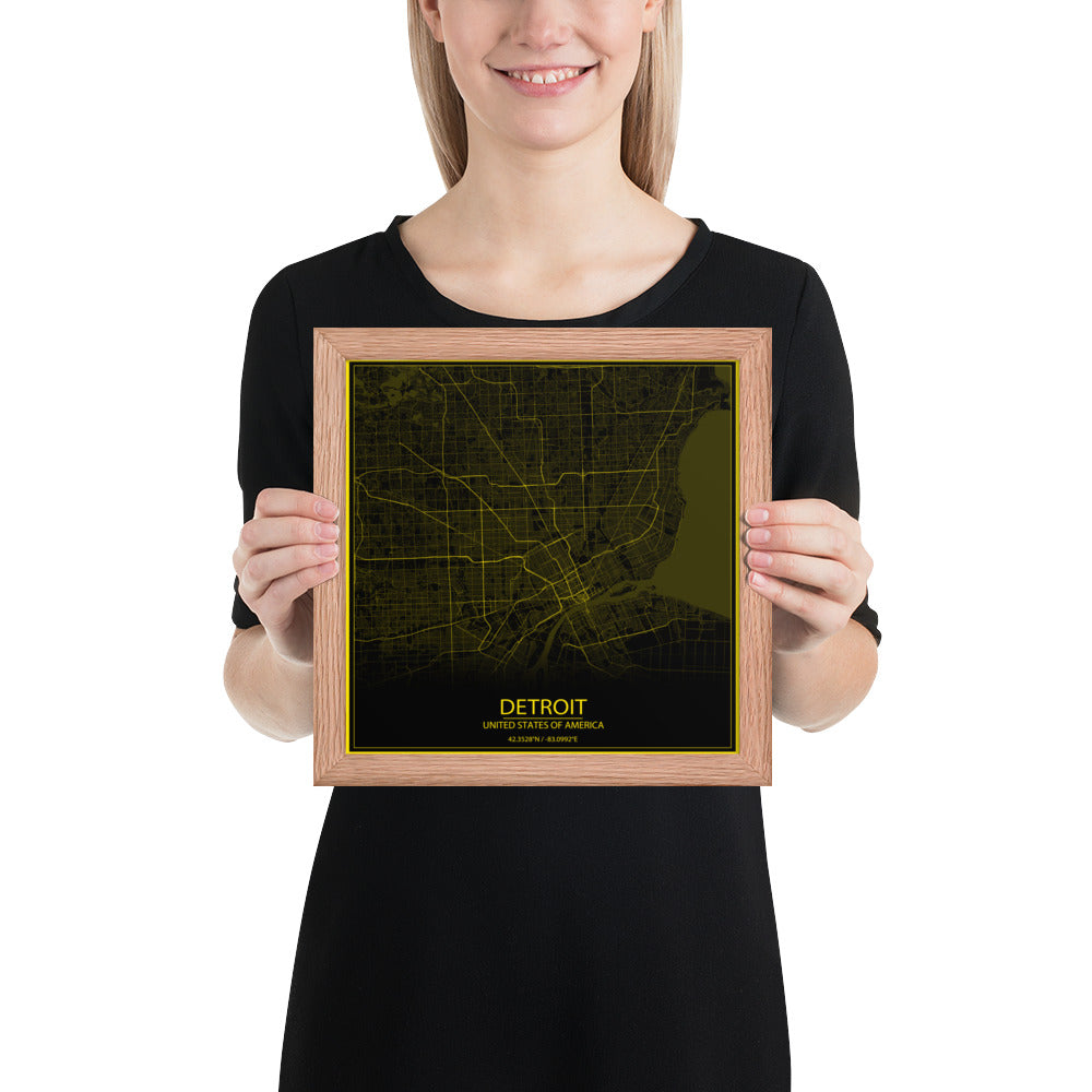 Detroit Black and Yellow Framed Map