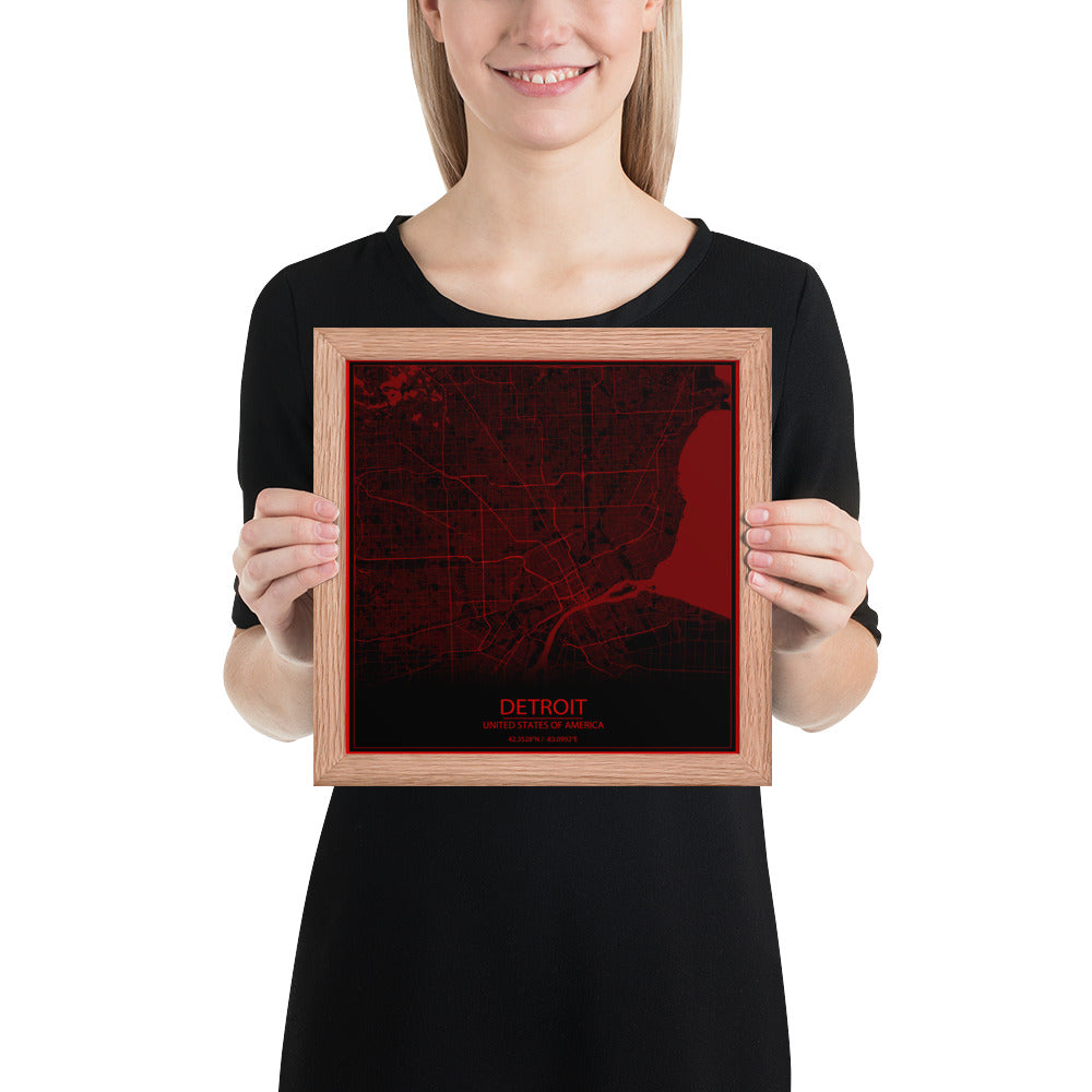 Detroit Black and Red Framed Map