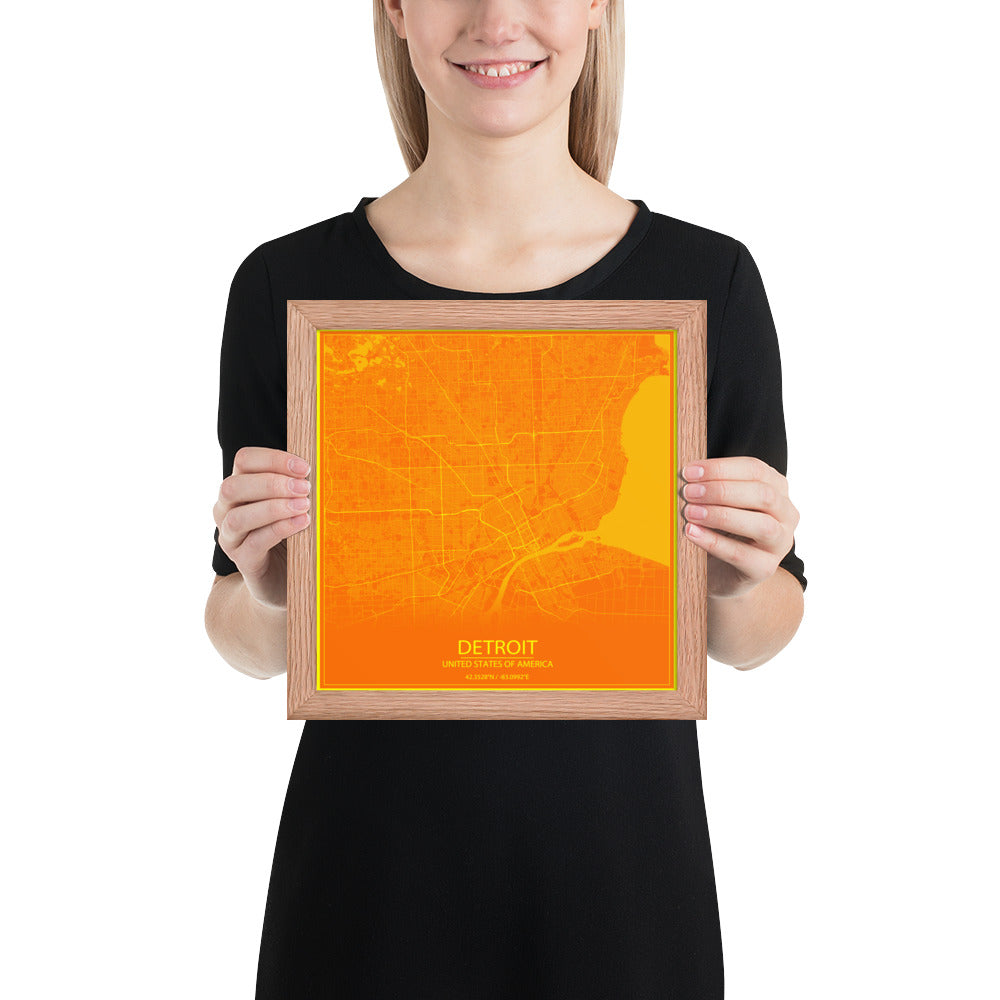 Detroit Orange and Yellow Framed Map