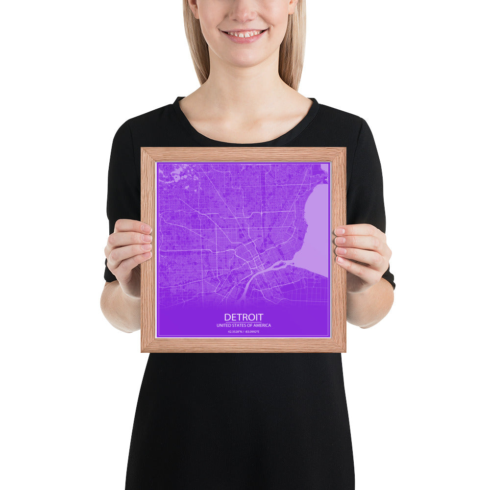 Detroit Purple and White Framed Map