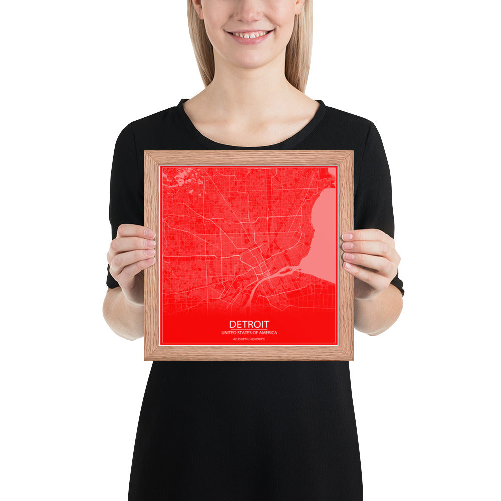 Detroit Red and White Framed Map