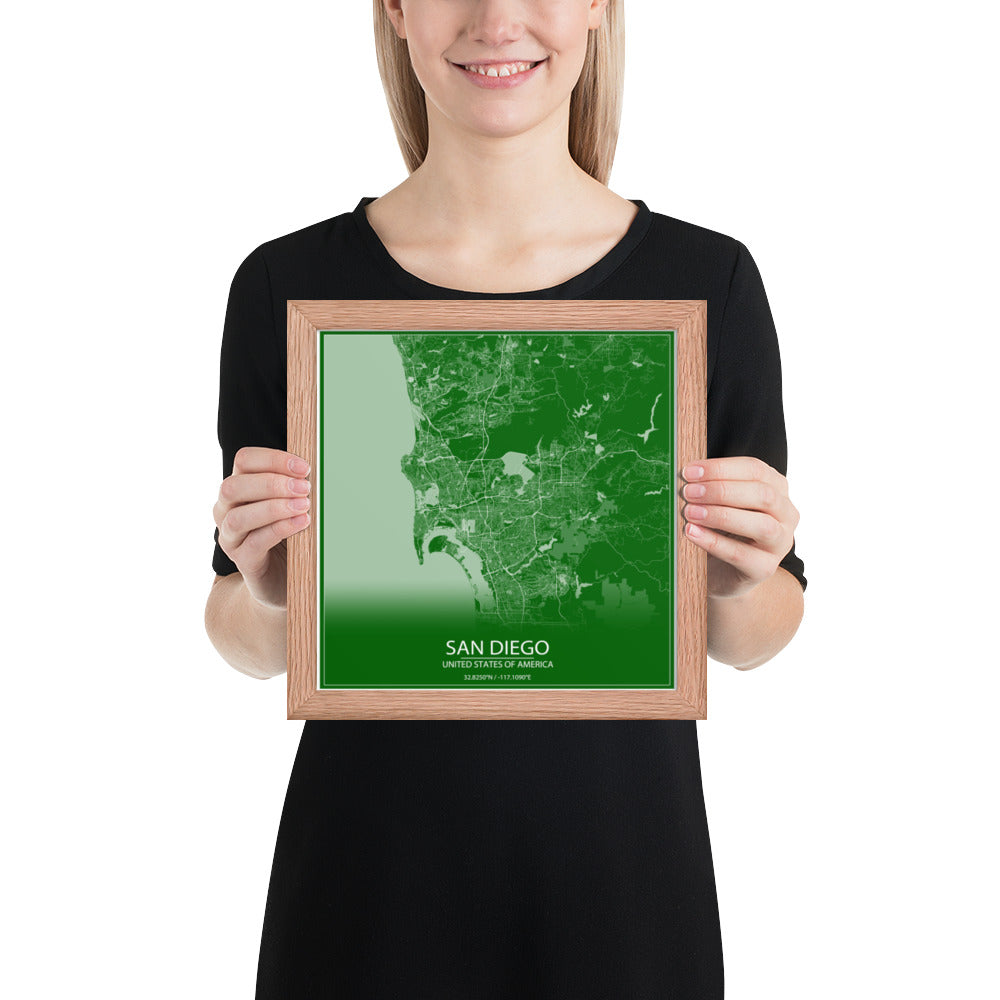 San Diego Green and White Framed Map