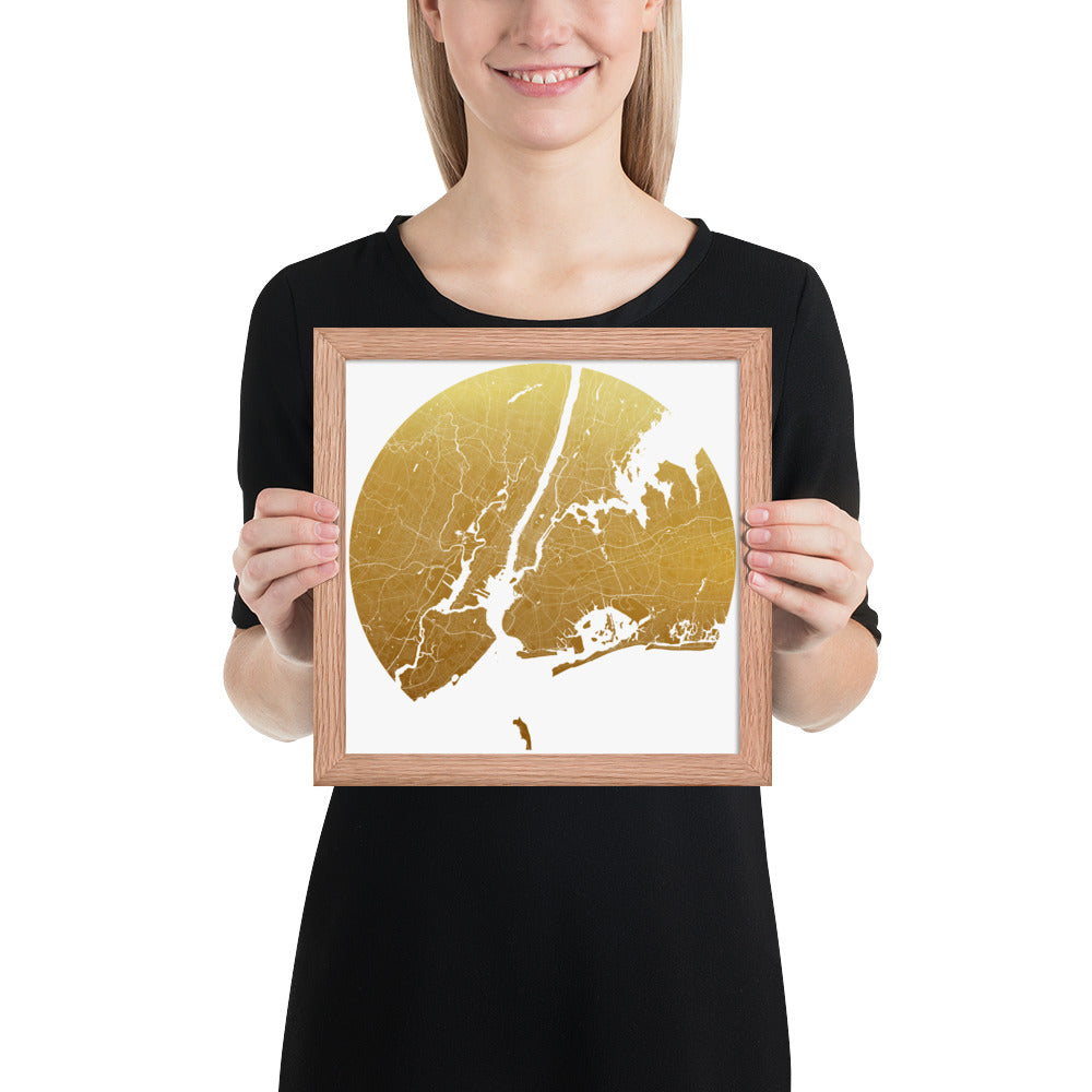 New York Gold on White Framed Map