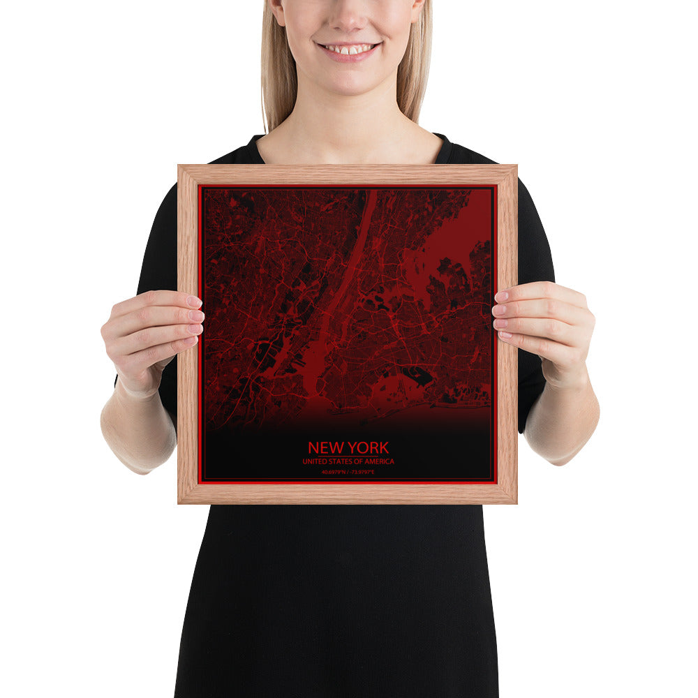 New York Black and Red Framed Map