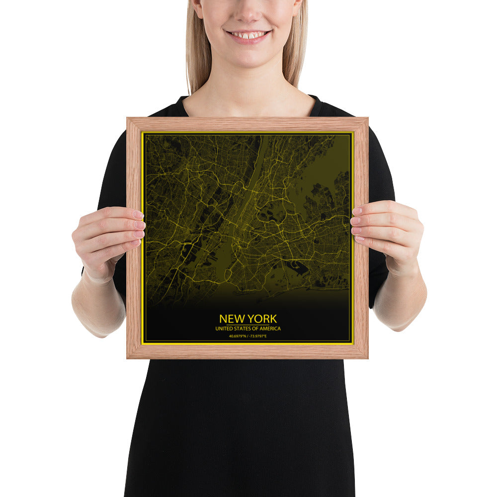 New York Black and Yellow Framed Map