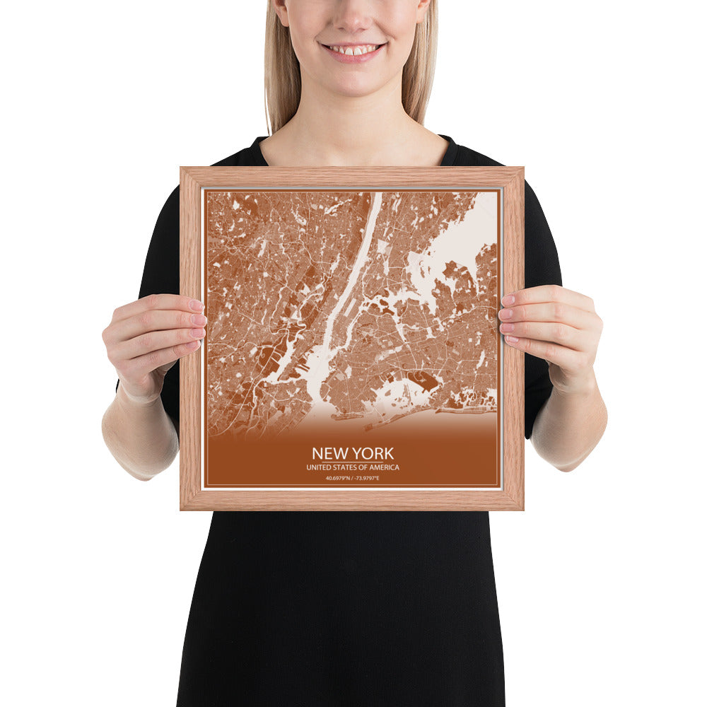 New York Brown and White Framed Map