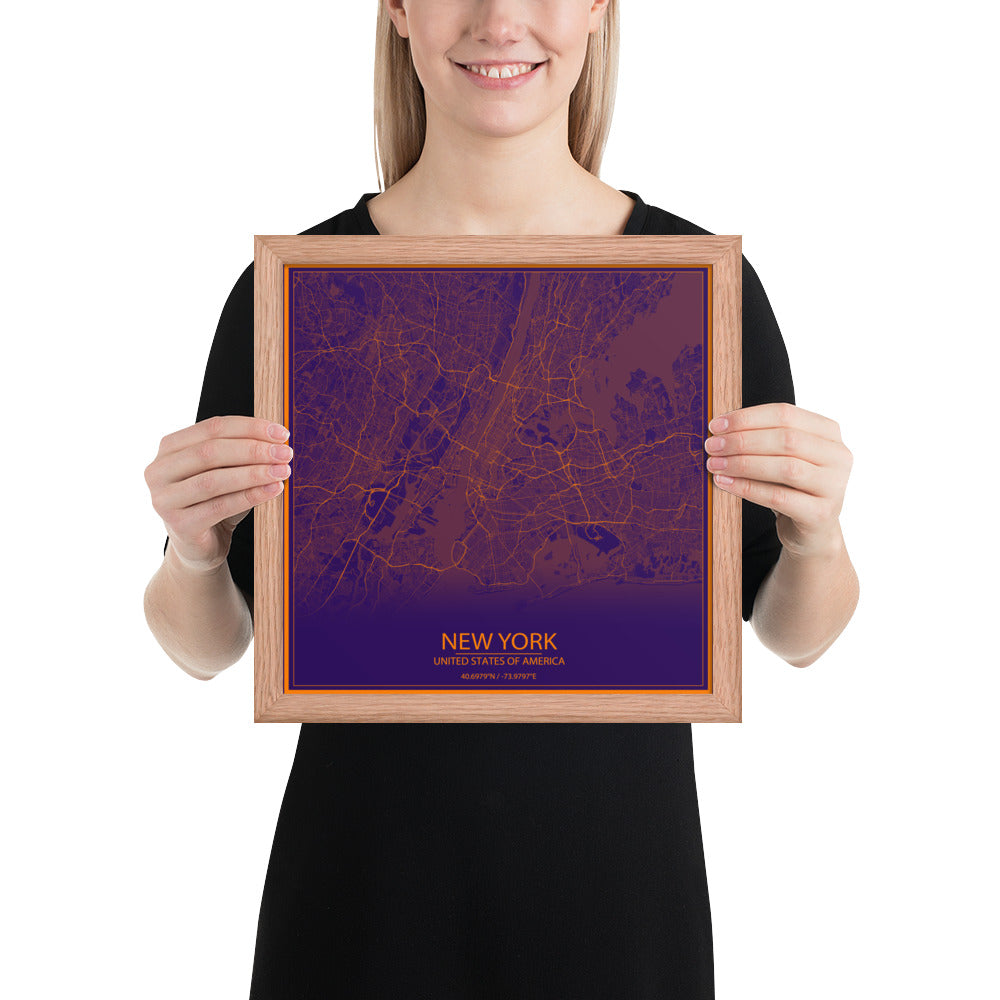 New York Purple and Orange Framed Map