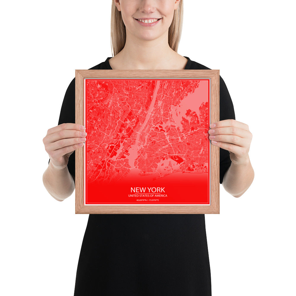 New York Red and White Framed Map