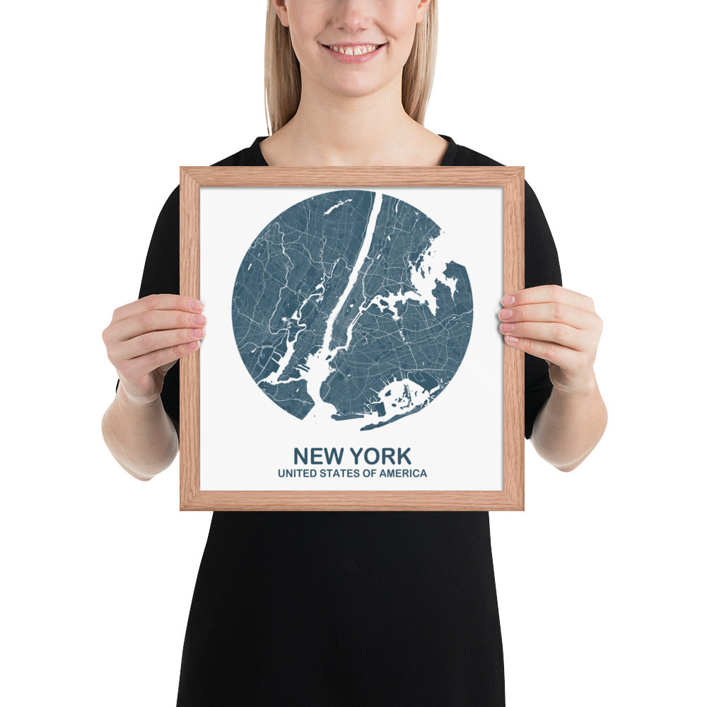 New York Circular Blue Framed Map