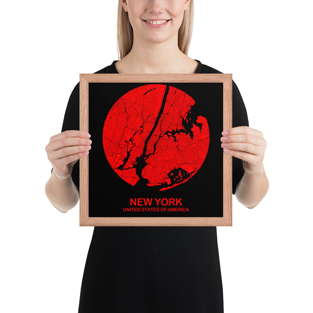 New York Circular Red Framed Map