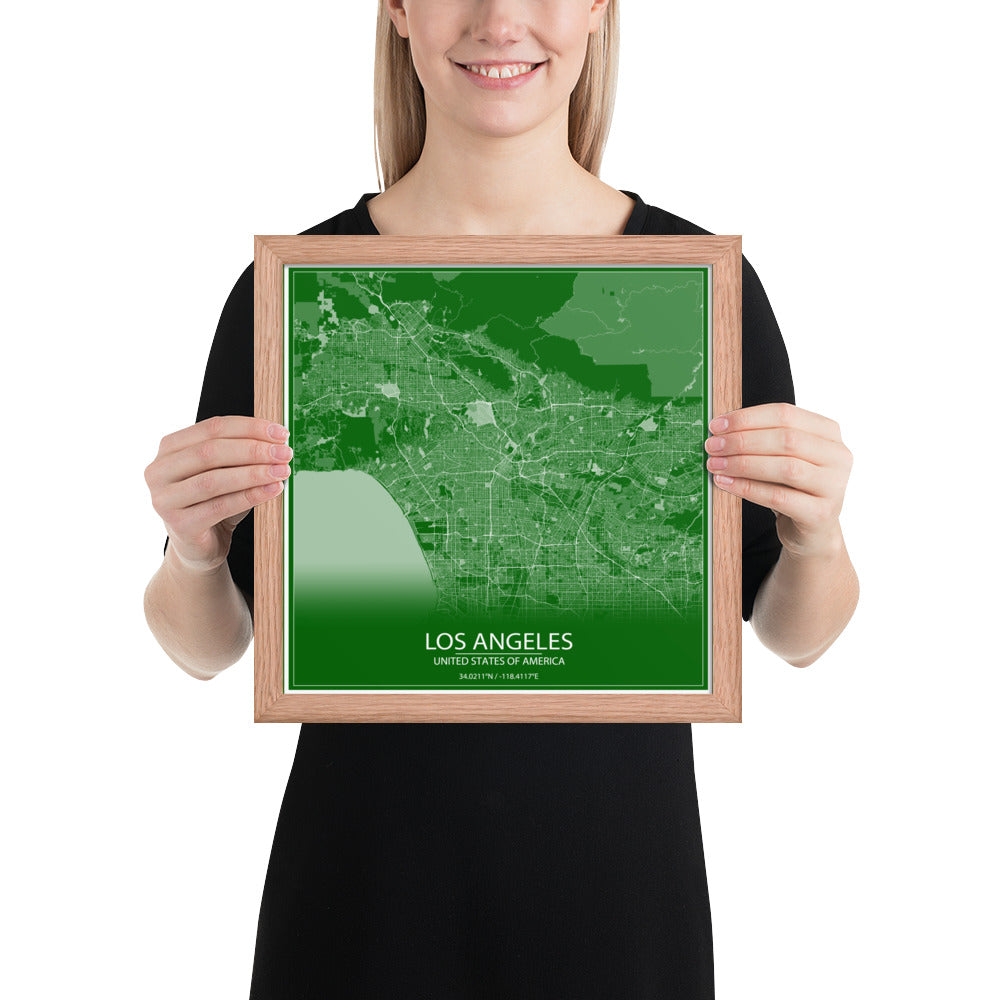 Los Angeles Green and White Framed Map