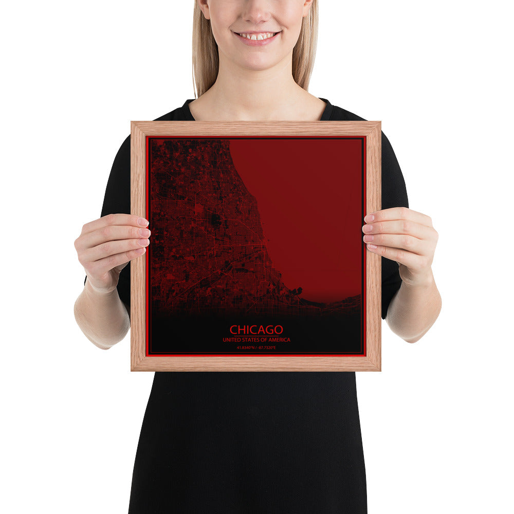 Chicago Black and Red Framed Map