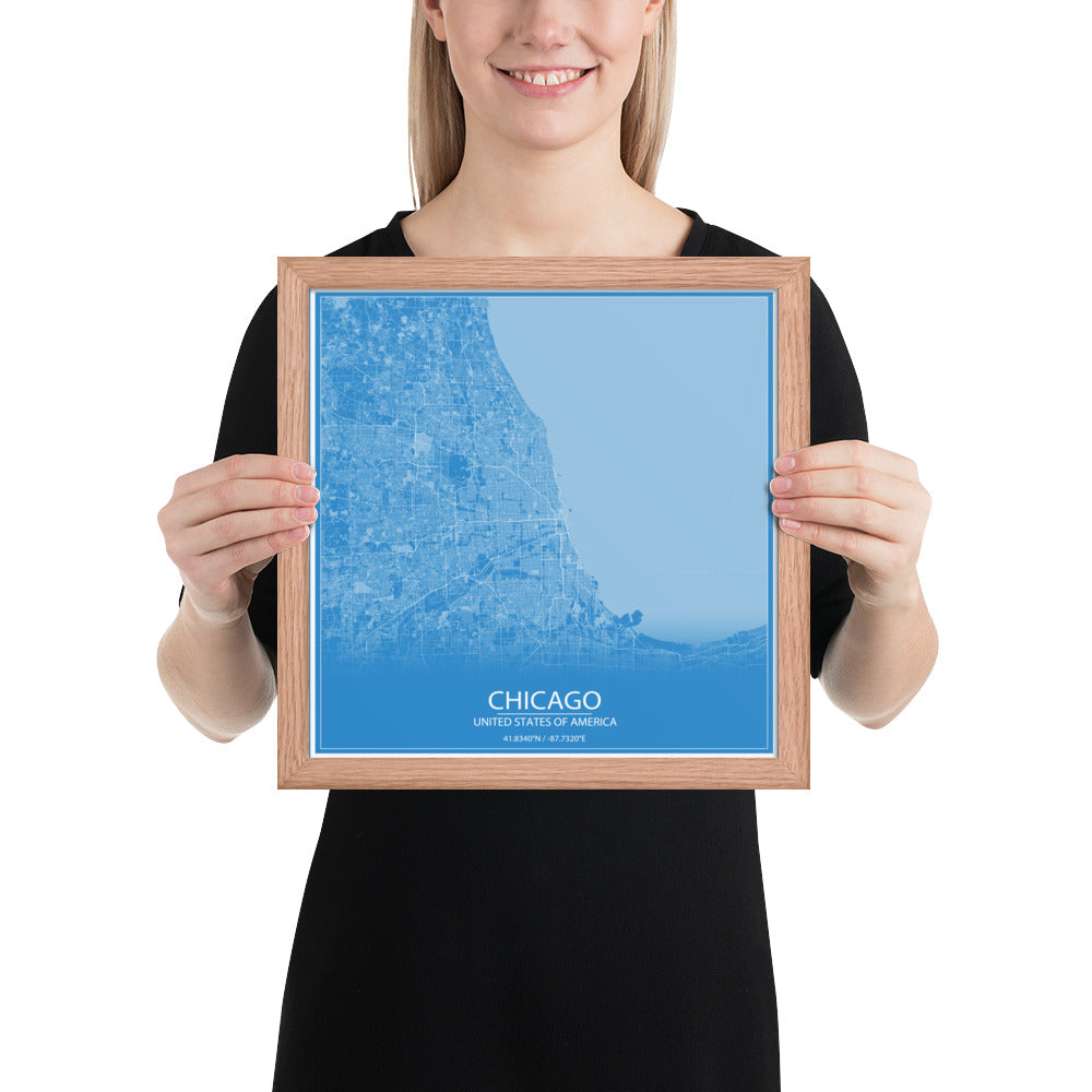 Chicago Blue and White Framed Map