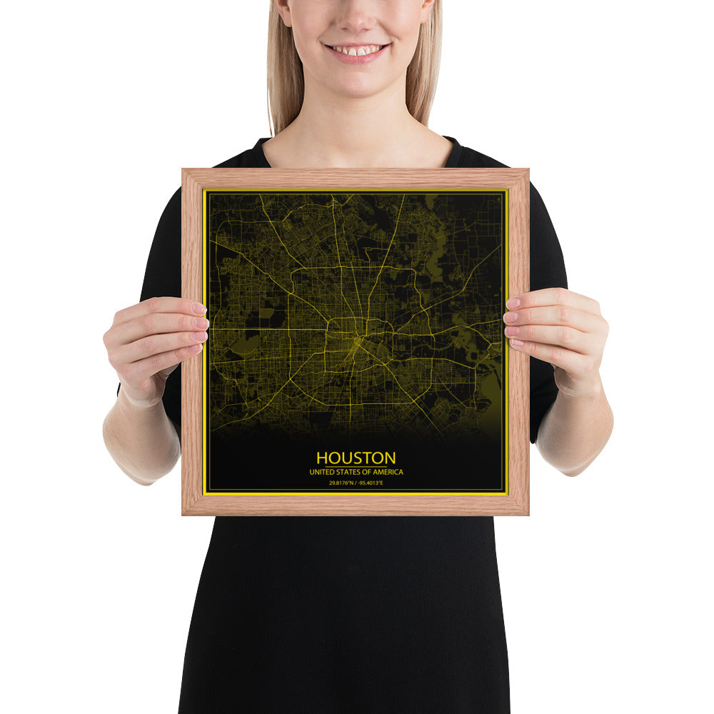 Houston Black and Yellow Framed Map