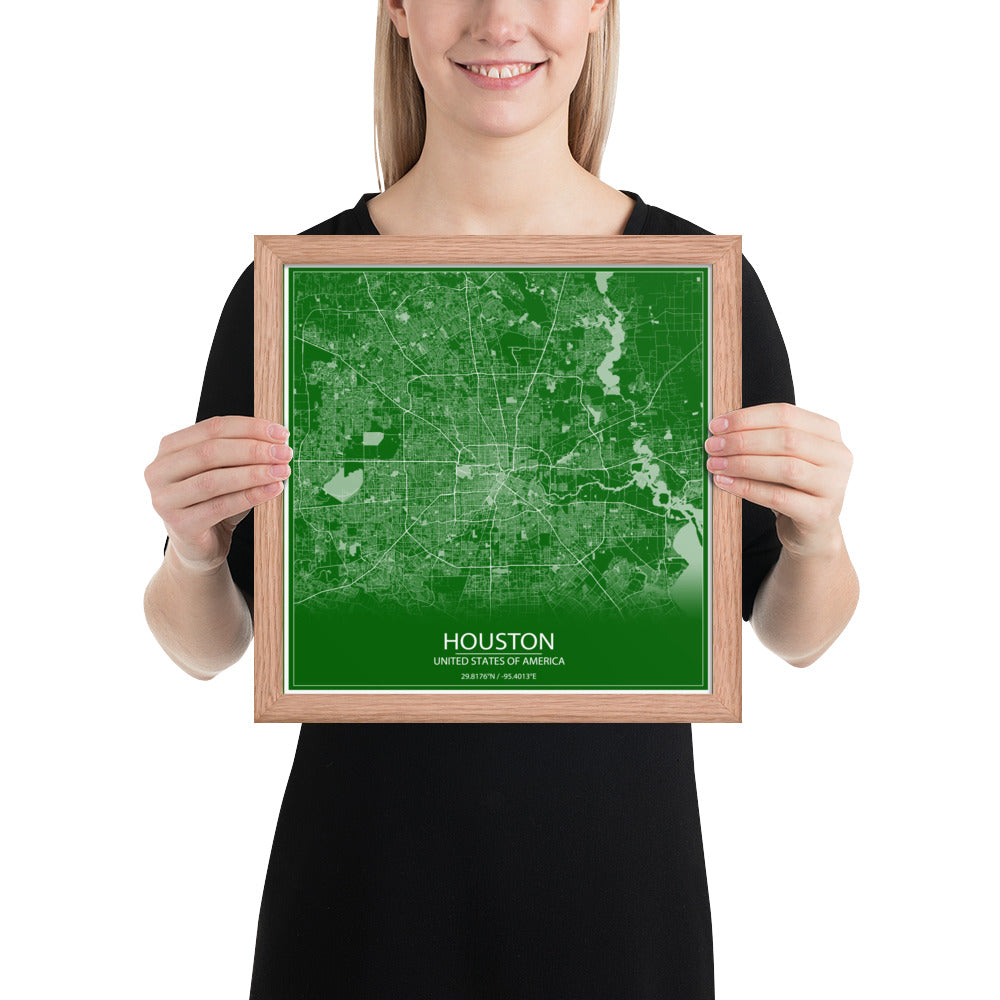 Houston Green and White Framed Map