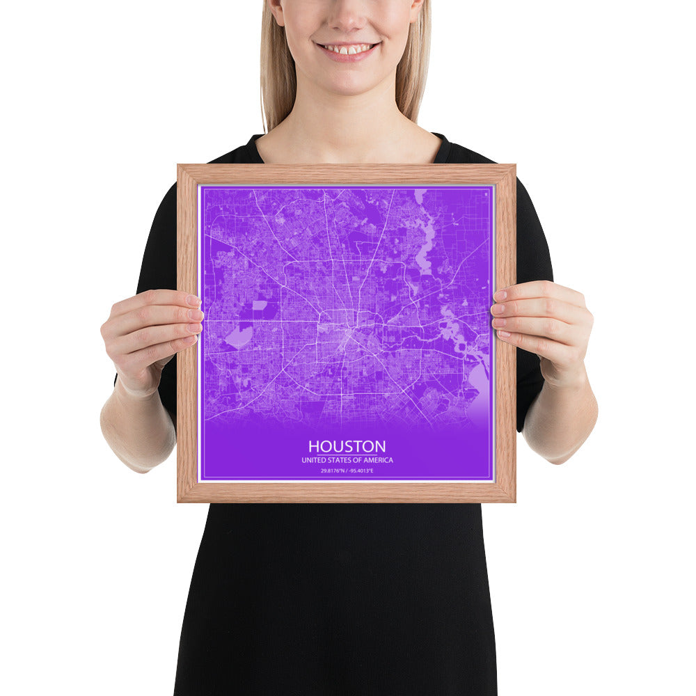 Houston Purple and White Framed Map