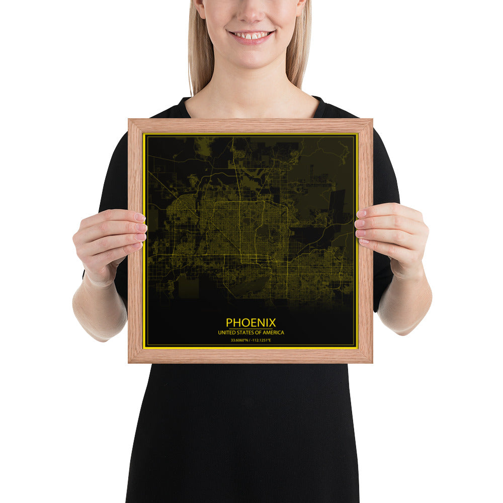 Phoenix Black and Yellow Framed Map