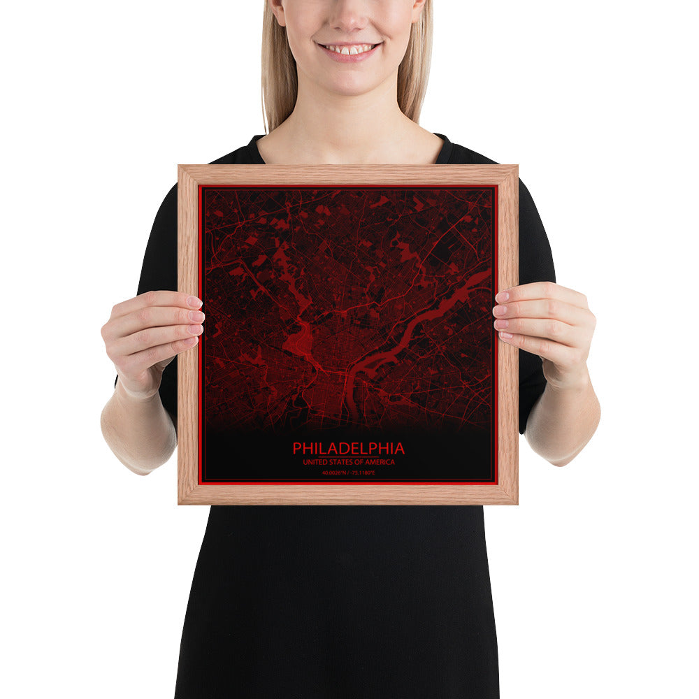 Philadelphia Black and Red Framed Map