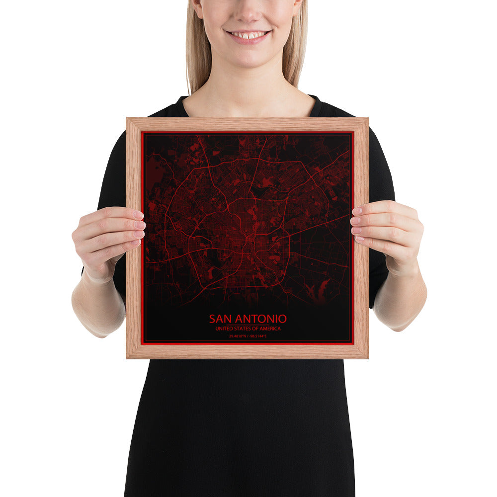 San Antonio Black and Red Framed Map