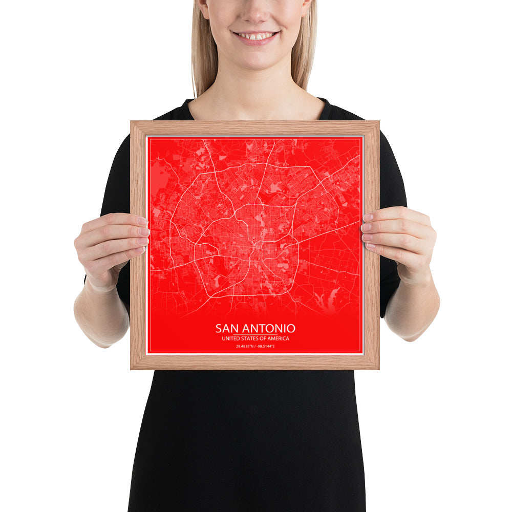 San Antonio Red and White Framed Map