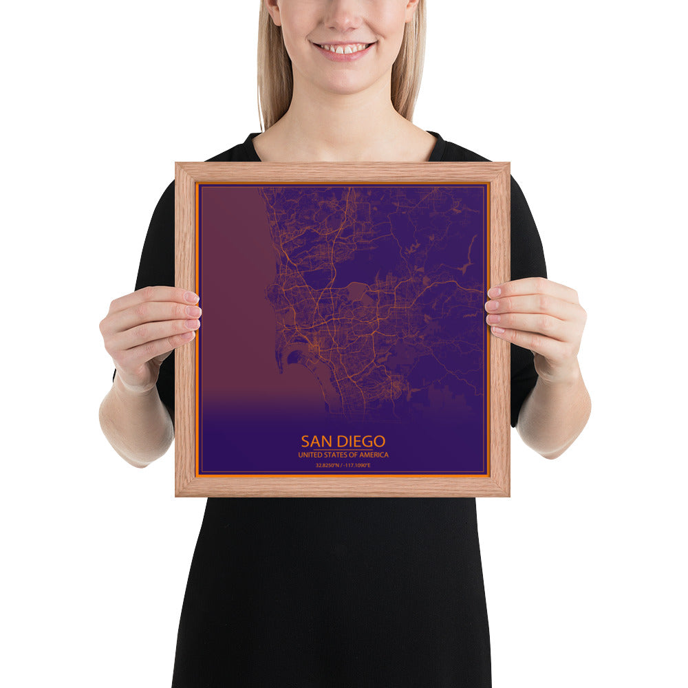 San Diego Purple and Orange Framed Map