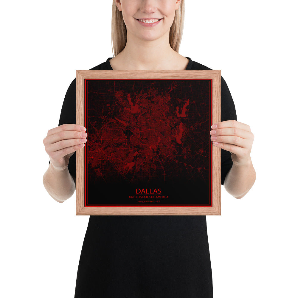 Dallas Black and Red Framed Map