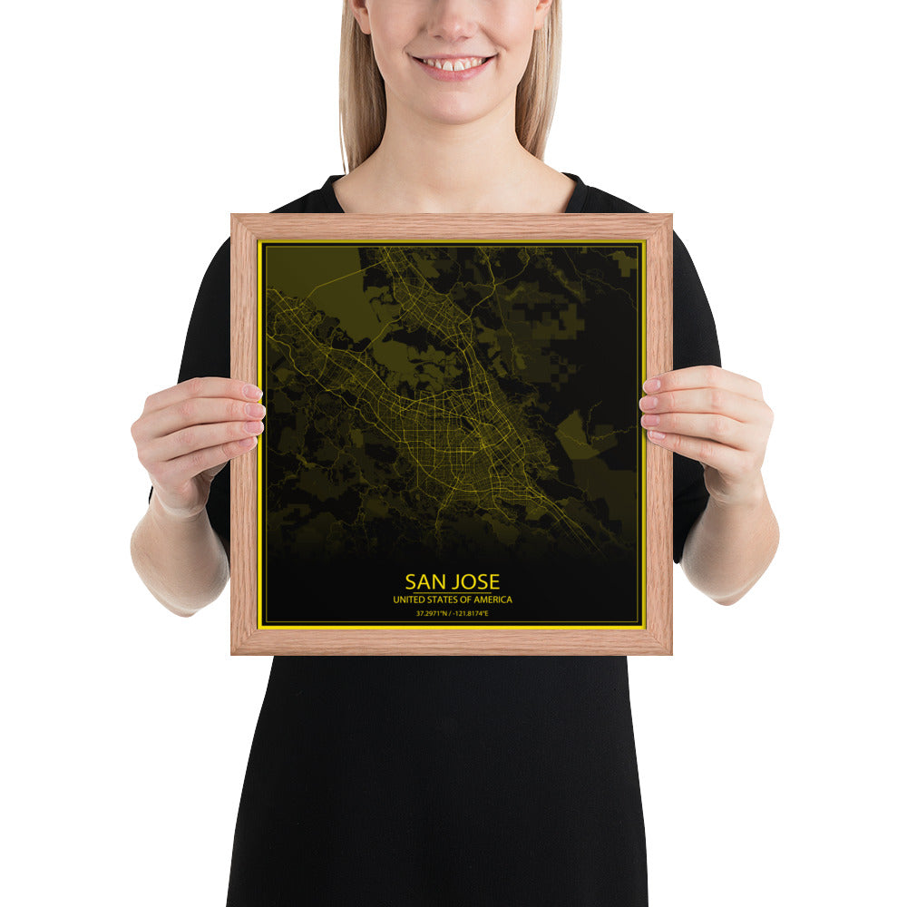 San Jose Black and Yellow Framed Map