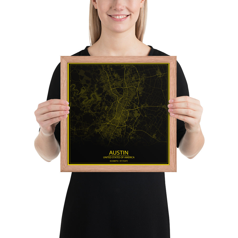 Austin Black and Yellow Framed Map