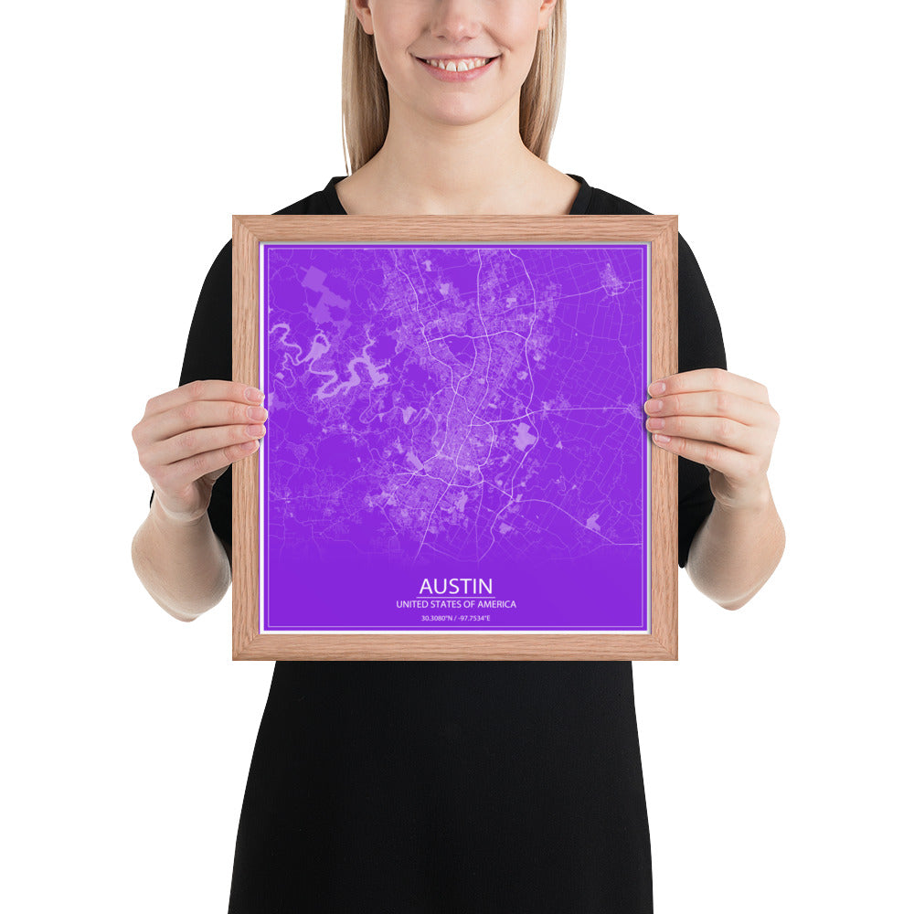 Austin Purple and White Framed Map