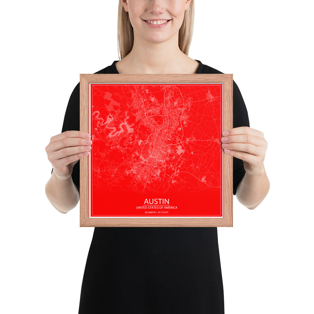 Austin Red and White Framed Map