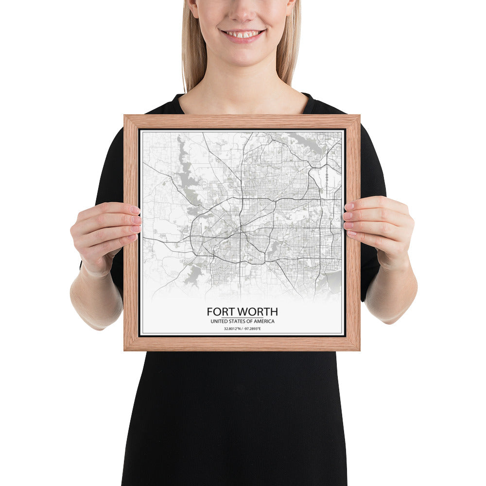 Fort Worth White Framed Map