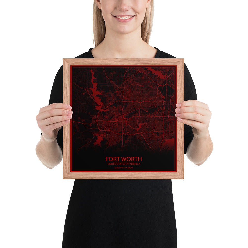 Fort Worth Black and Red Framed Map