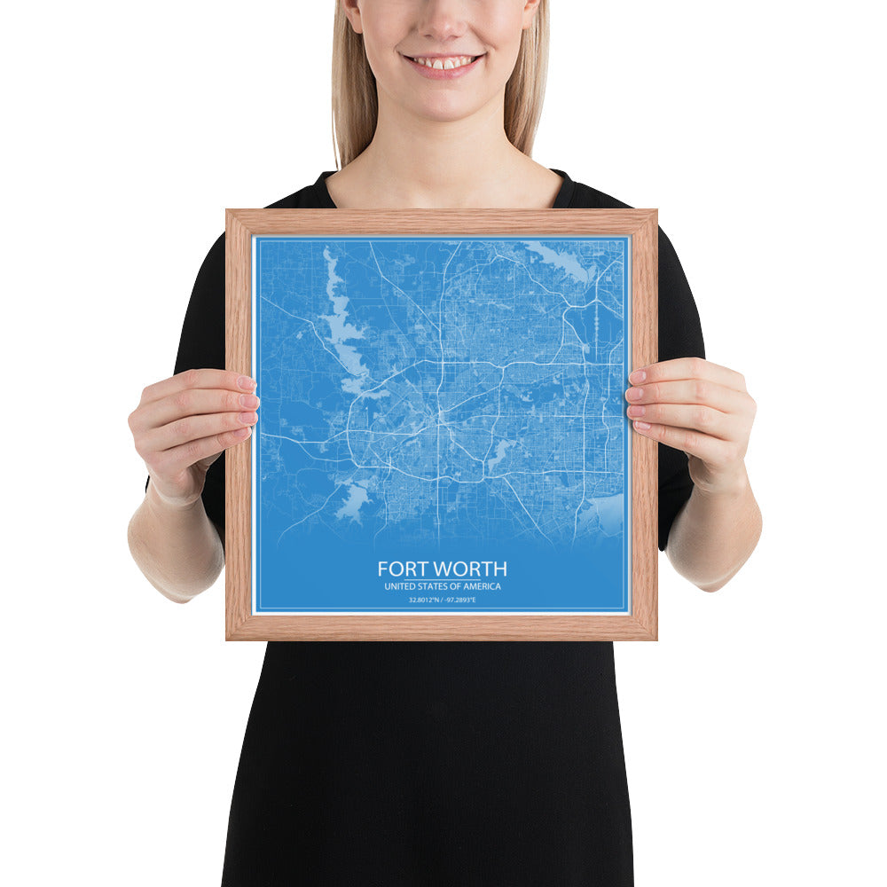 Fort Worth Blue and White Framed Map