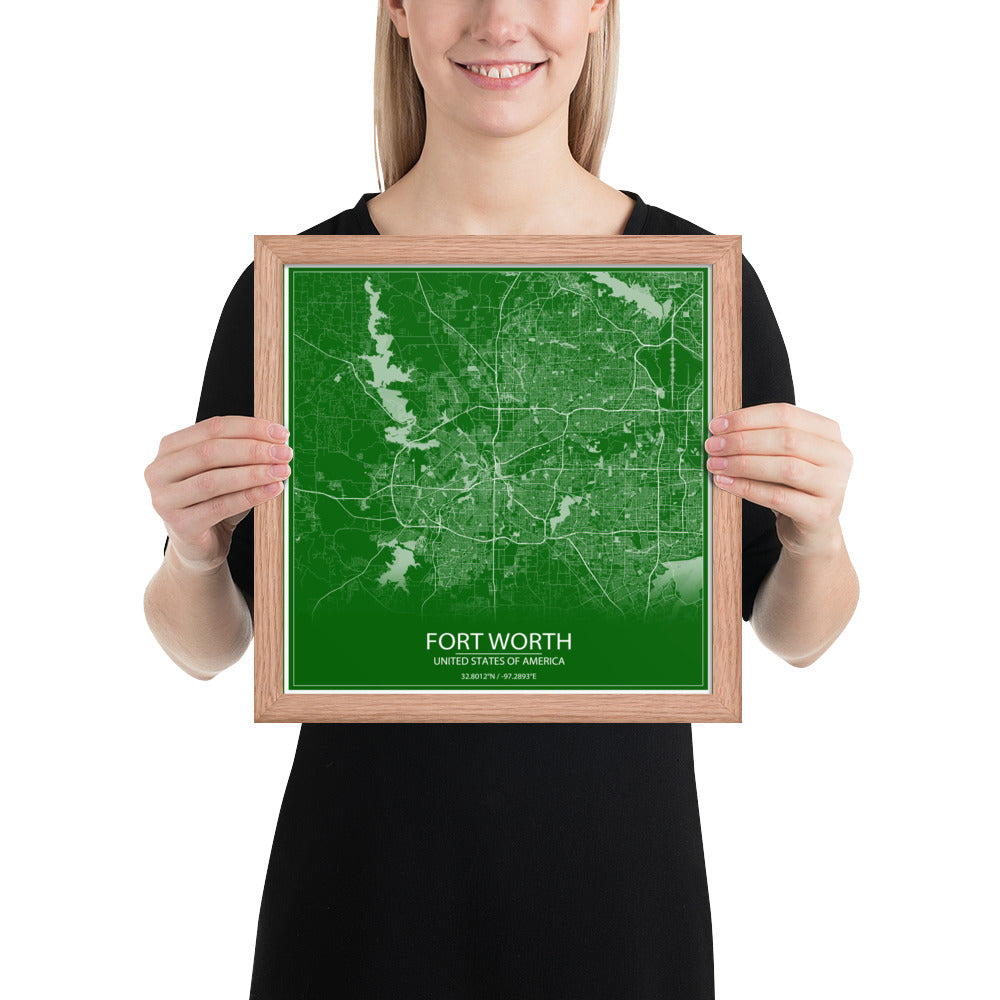 Fort Worth Green and White Framed Map