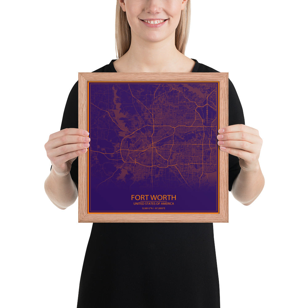 Fort Worth Purple and Orange Framed Map