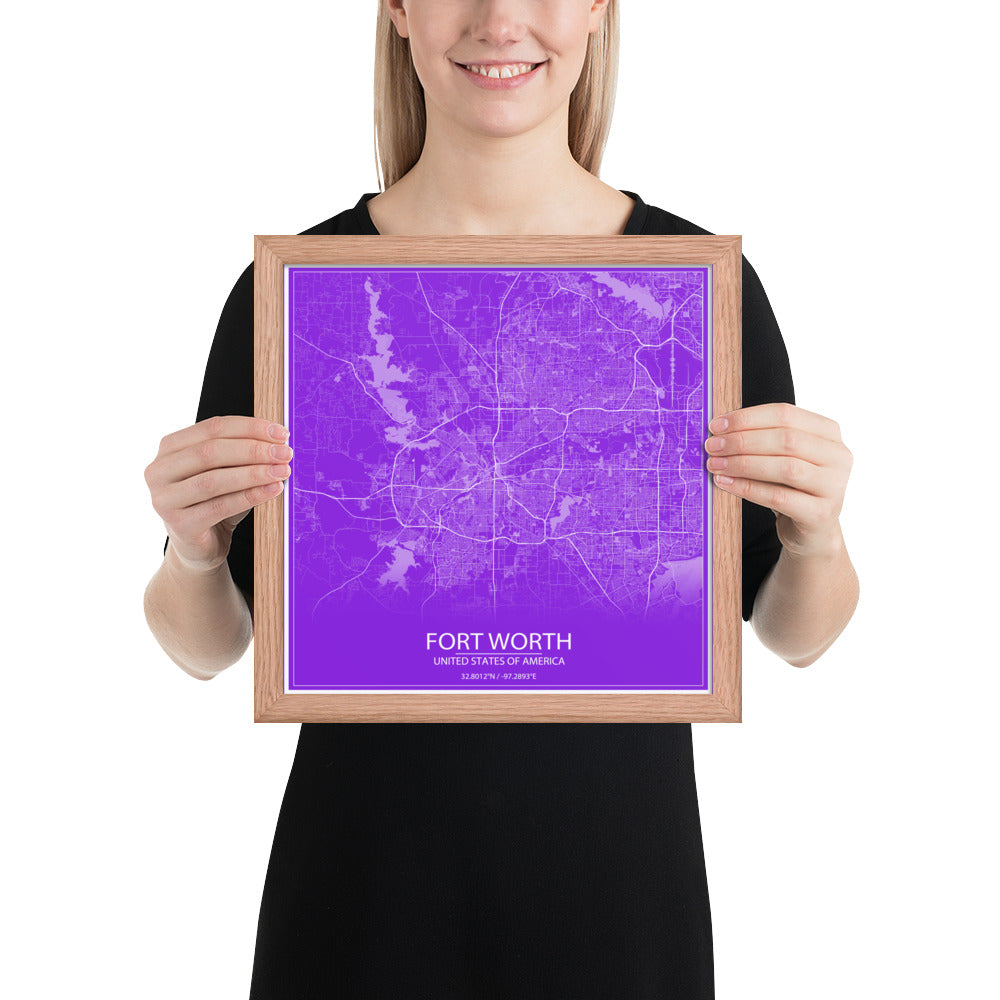 Fort Worth Purple and White Framed Map