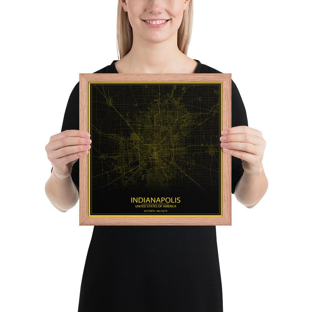 Indianapolis Black and Yellow Framed Map