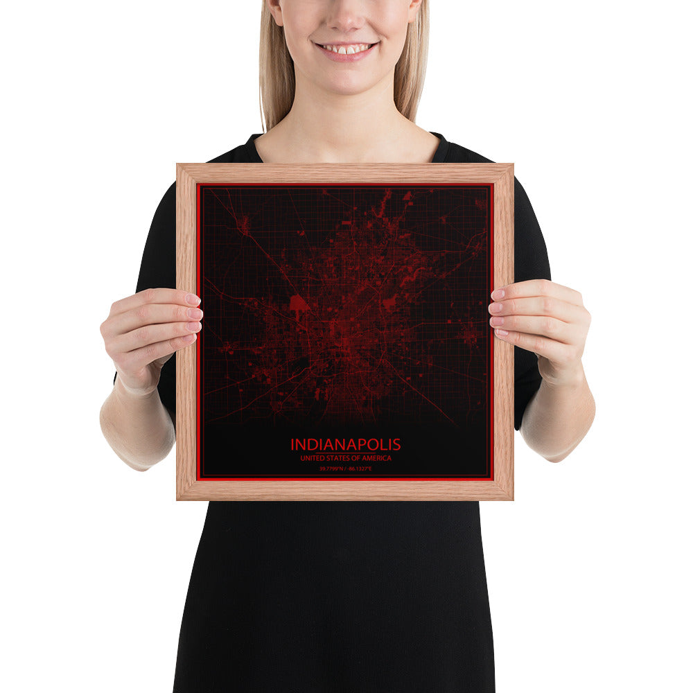 Indianapolis Black and Red Framed Map