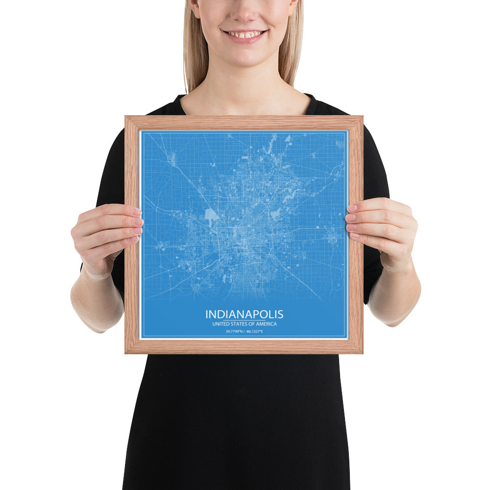 Indianapolis Blue and White Framed Map