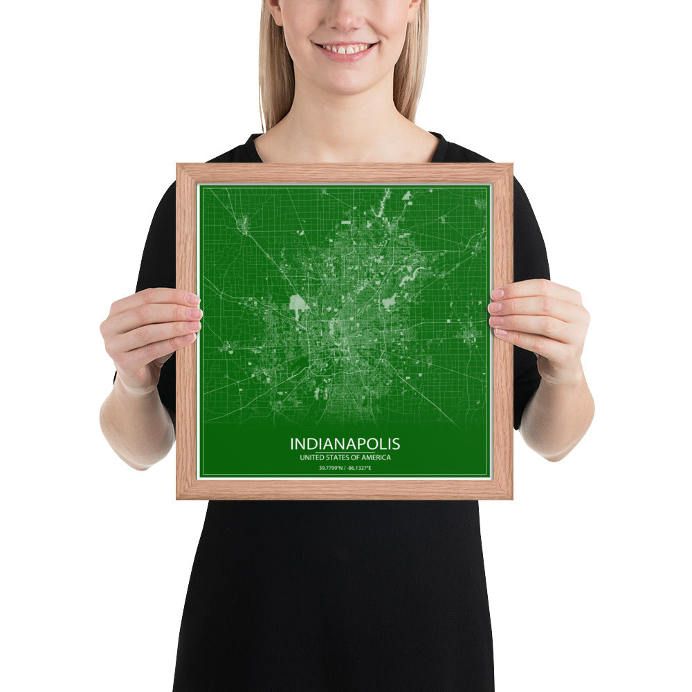 Indianapolis Green and White Framed Map