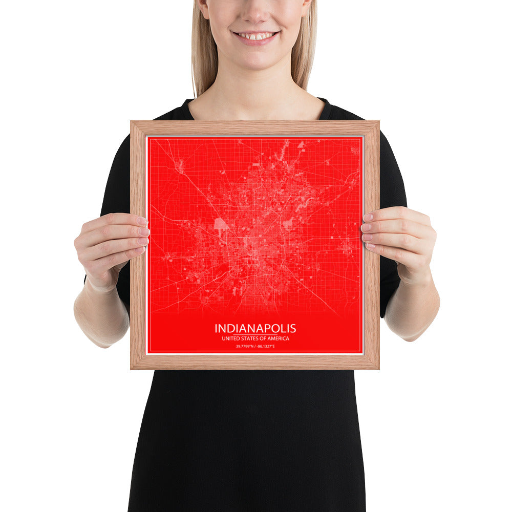 Indianapolis Red and White Framed Map