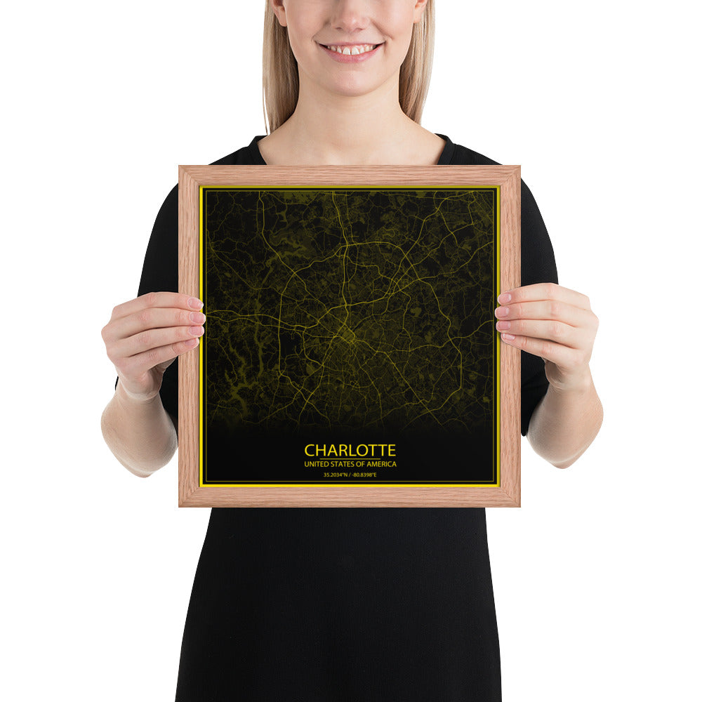 Charlotte Black and Yellow Framed Map