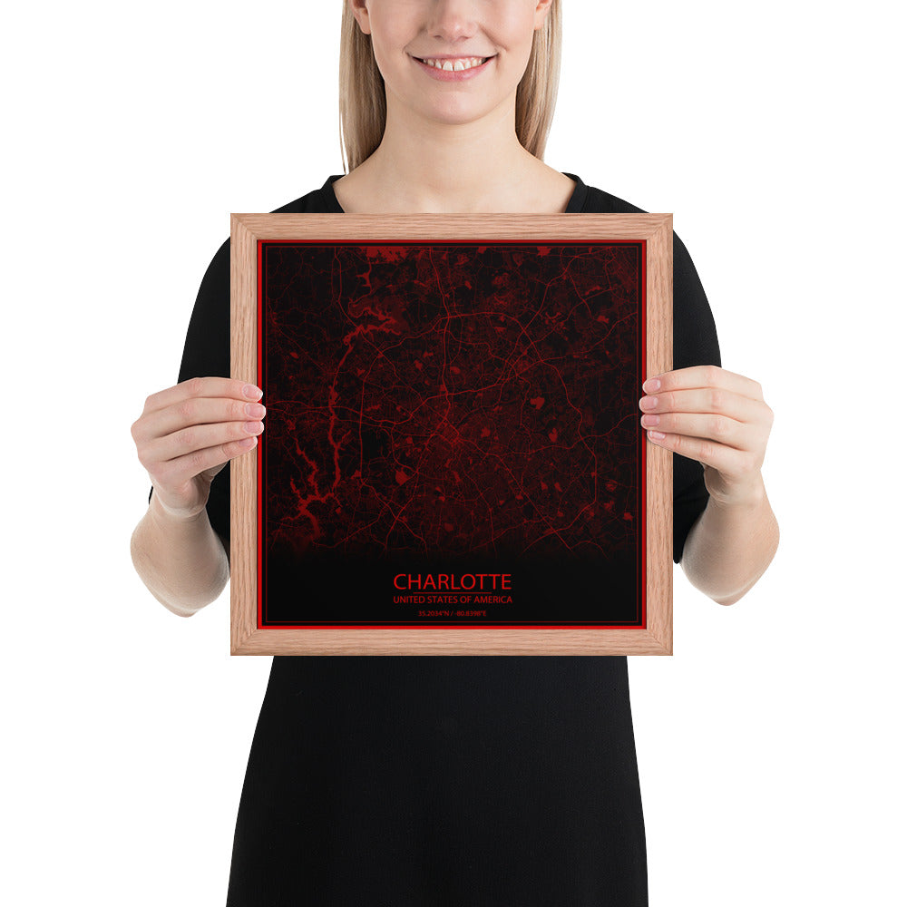 Charlotte Black and Red Framed Map