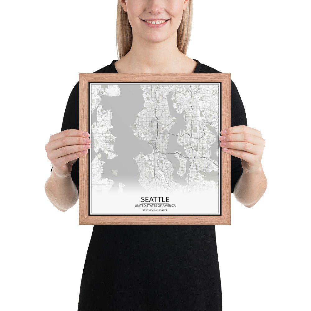 Seattle White Framed Map