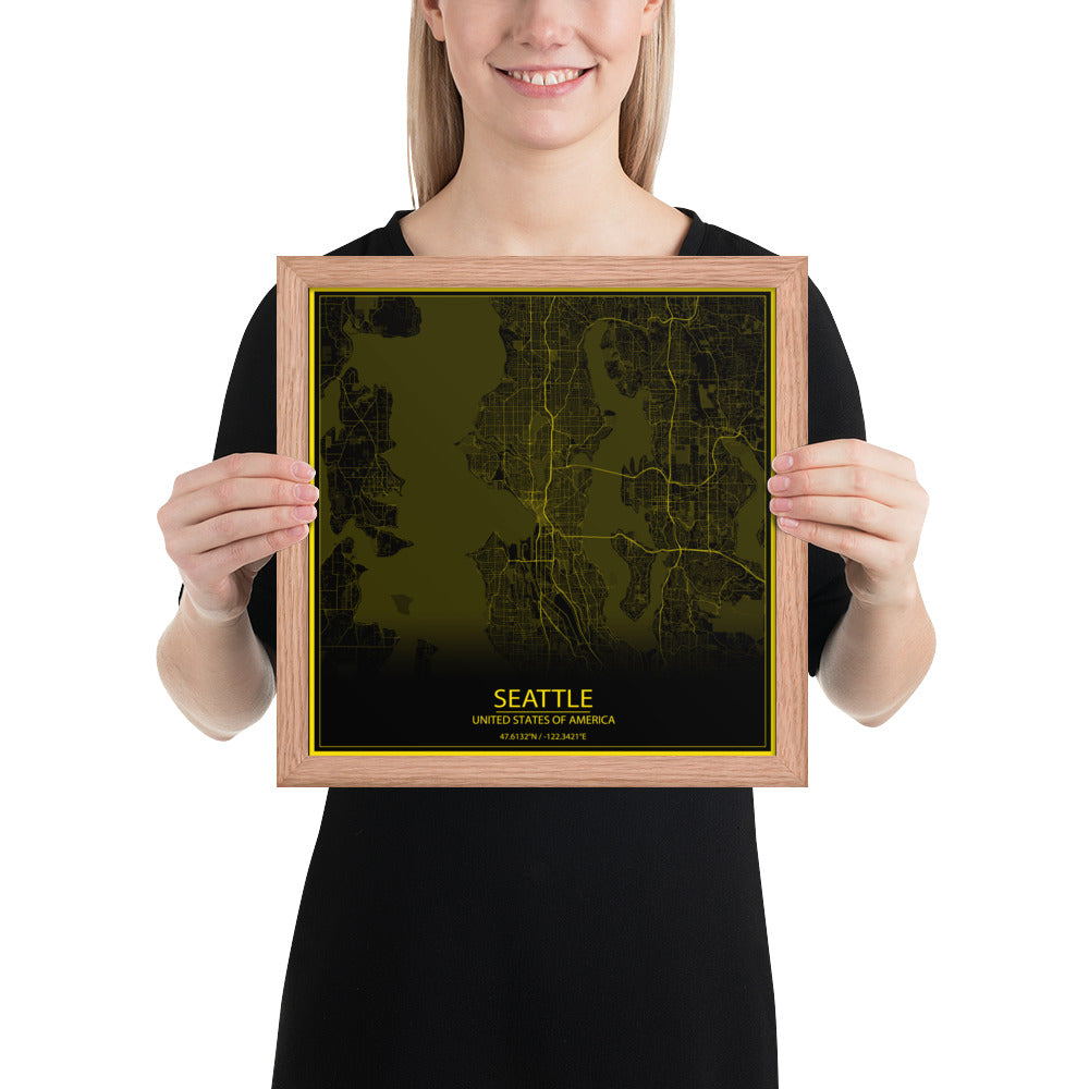 Seattle Black and Yellow Framed Map