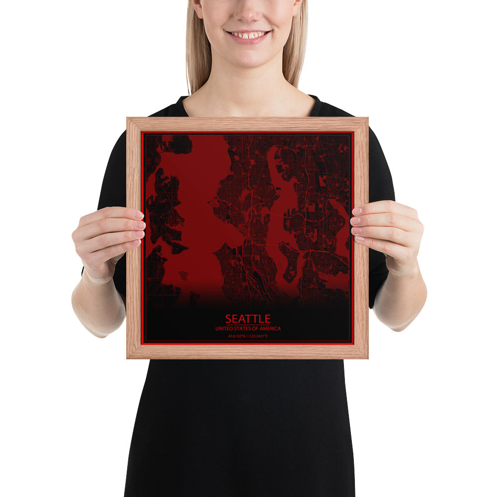 Seattle Black and Red Framed Map